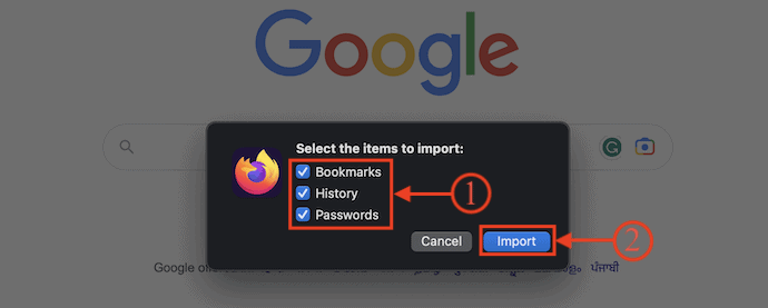 Choose Categories of Firefox to import