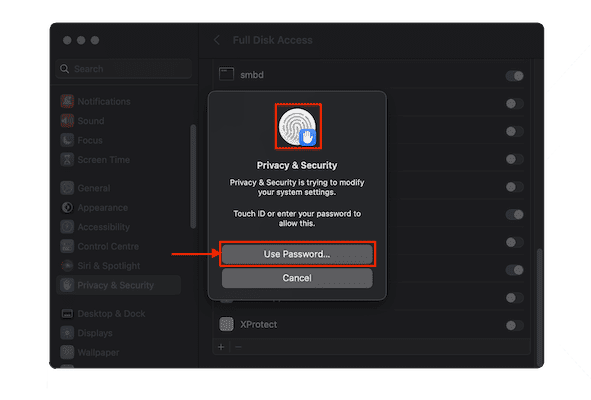 Enter Password to enable full disk access on Mac