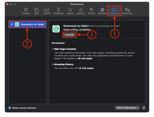 Remove extension on Safari Browser