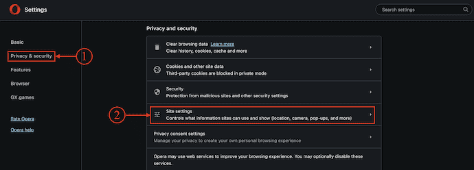 Site settings in Opera Browser