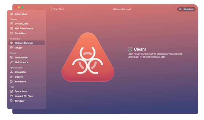 CleanMyMac X interface after Malware removal