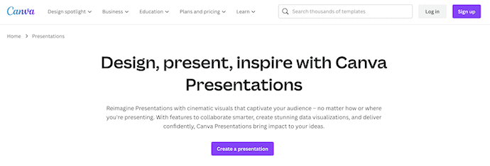 Canva Presentations Homepage