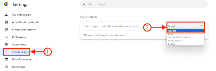 Set Google as the default search engine in Chrome Windows.