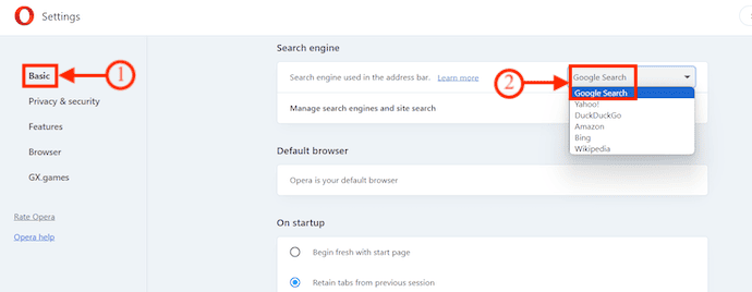 Set Google as the Default search engine in Opera windows