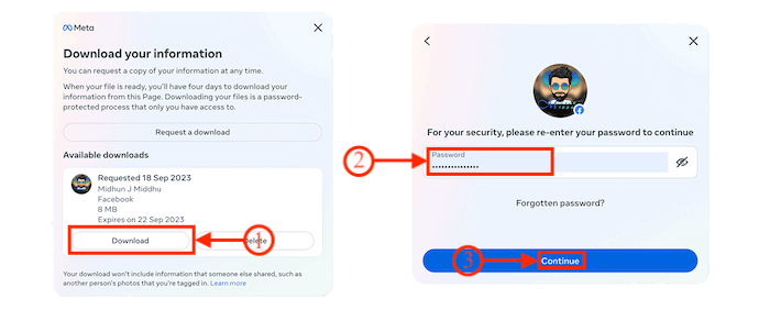 Enter password to start downloading the Facebook data