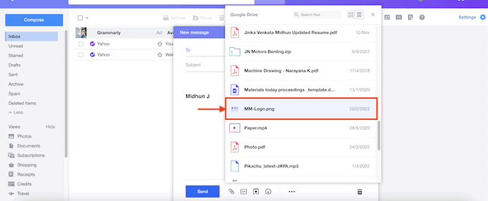 Choose Pictures of Google Drive to add to Yahoo Mail