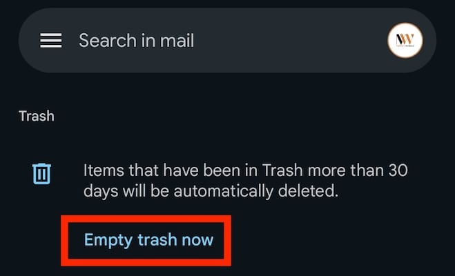 Empty Trash Now option in Gmail
