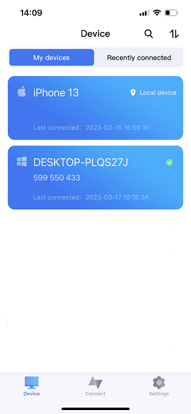 Devices List in AnyViewer iOS
