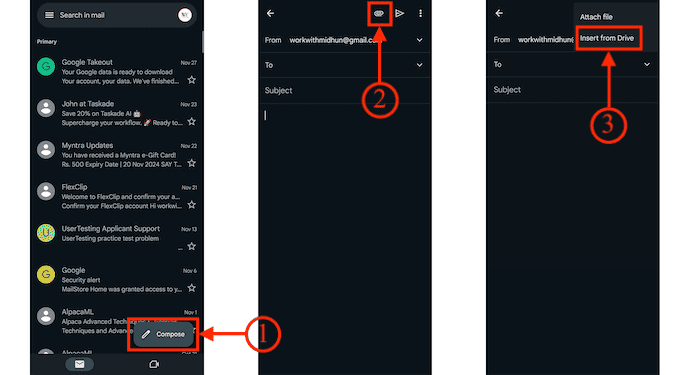 Insert From Drive Option in Gmail Mobile