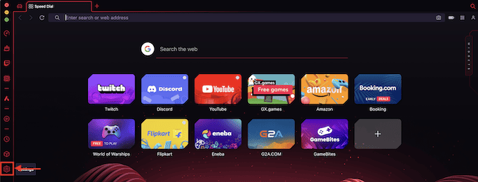 Settings icon in Opera GX