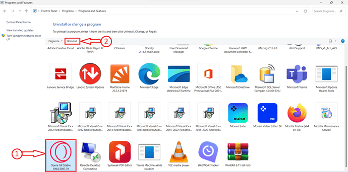Uninstall Opera GX