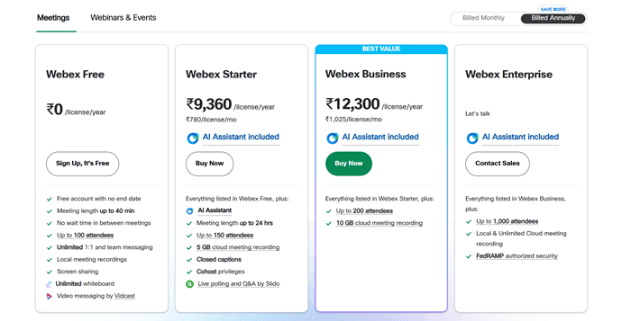 Webex Annual Prices